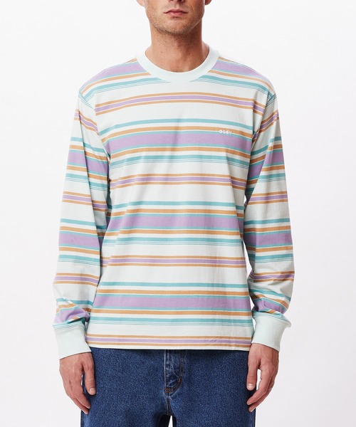 OBEY(オベイ)の「OBEY/オベイ 先染めボーダー ロゴ入り ロンT(Tシャツ/カットソー・メンズ・サックスブルー/ピンク・MEDIUM/LARGE)」の5枚目の写真