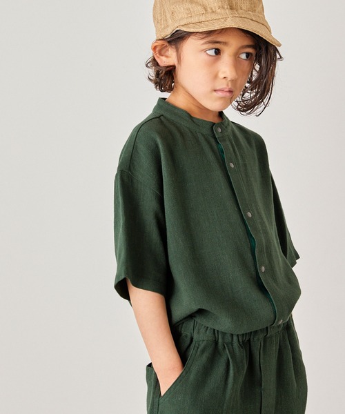 ＆yam（アンドヤム）の「リネンレーヨン バンドカラー半袖シャツ（シャツ/ブラウス・キッズ・ベージュ/ネイビー/エンジ/グリーン・110-120cm/120-130cm/100-110cm）」の3枚目の写真