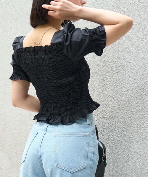 WEGO（ウィゴー）の「WEGO/シャーリングショートスリーブブラウス（シャツ/ブラウス・レディース・ホワイト/ブラック・FREE）」の10枚目の写真