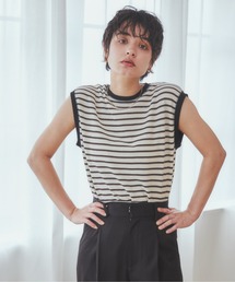 ボーダーワッフルノースリーブトップス