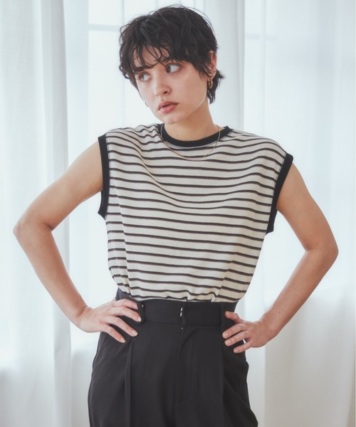 ANGIE(アンジー)の「ボーダーワッフルノースリーブトップス(Tシャツ/カットソー・レディース・ブラック/ブルー/グリーン・FREE)」の16枚目の写真