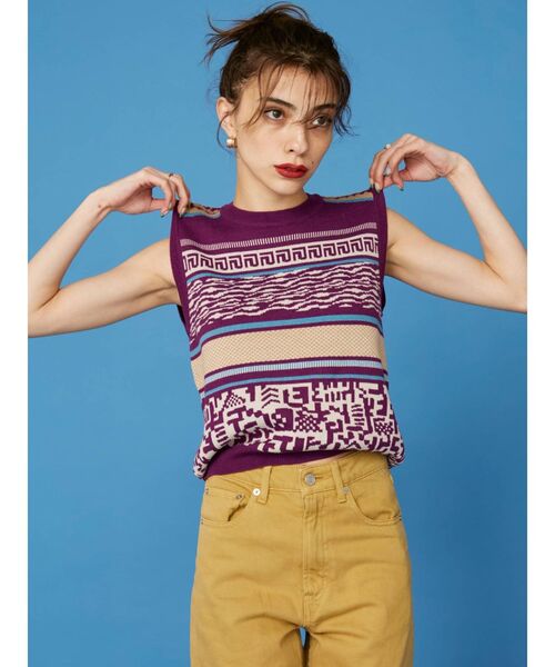 EVRIS（エヴリス）の「エスニックジャガードノースリーブ（タンクトップ・レディース・ブラック/パープル・FREE）」の3枚目の写真