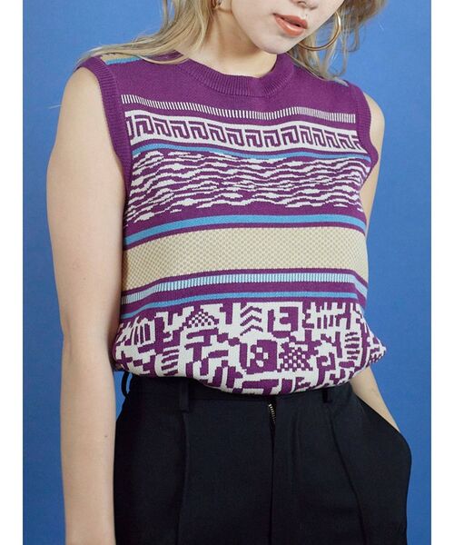 EVRIS（エヴリス）の「エスニックジャガードノースリーブ（タンクトップ・レディース・ブラック/パープル・FREE）」の6枚目の写真