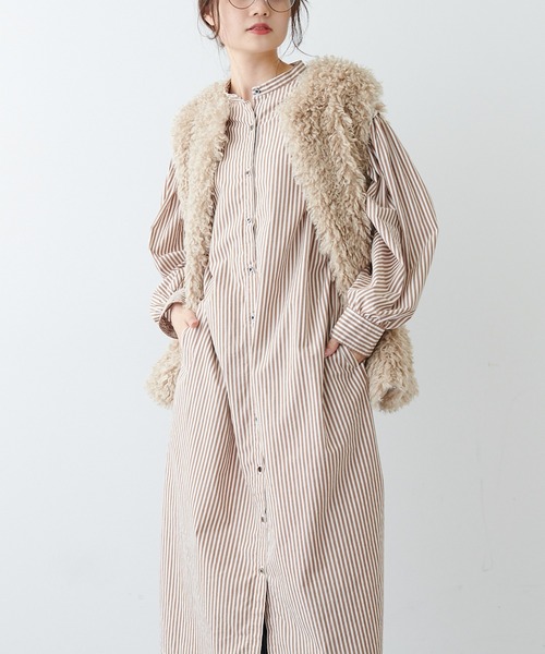 PUAL CE CIN（ピュアルセシン）の「先染ストライプシャツワンピース（シャツワンピース・レディース・ベージュ/ブラウン/グリーン・FREE）」の3枚目の写真