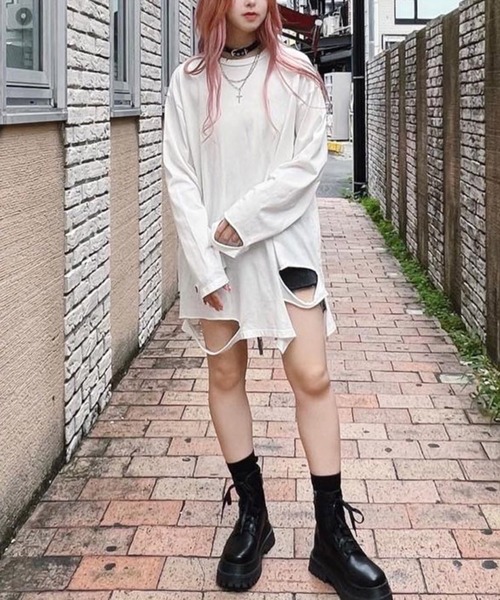 Figments（フィグメンツ）の「デストロイロンT（Tシャツ/カットソー・レディース・ホワイト/ブラック・FREE）」の14枚目の写真