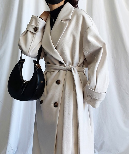 me+em select（ミームセレクト）の「【８色展開／ベルト付】オーバーサイズ　メルトンロングチェスターコート（チェスターコート・レディース・パープル/ライトグリーン/ブラウン/ブルー/グレイッシュベージュ/アイボリー/ブラック/チャコール・MEDIUM）」の15枚目の写真