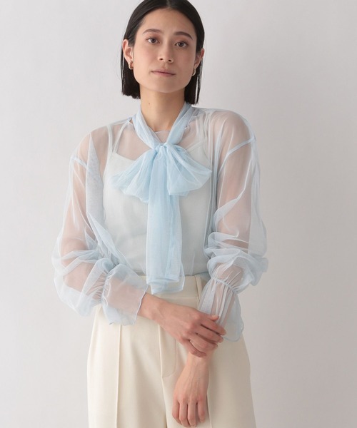 LOWRYS FARM(ローリーズファーム)の「シアーボウタイロングスリーブ 187701(Tシャツ/カットソー・レディース・ホワイト/ブラック/ブルー・FREE)」の1枚目の写真