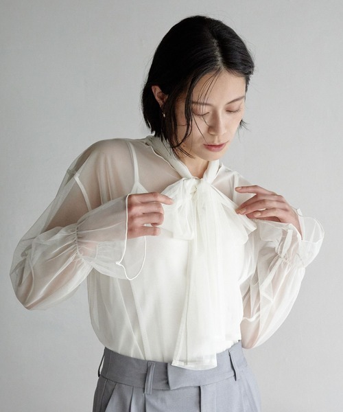 LOWRYS FARM(ローリーズファーム)の「シアーボウタイロングスリーブ 187701(Tシャツ/カットソー・レディース・ホワイト/ブラック/ブルー・FREE)」の13枚目の写真