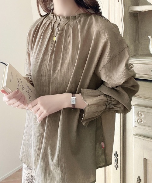 Java（ジャバ）の「《JaVa ジャバコラボ》大人の愛らしさ。コットン100%2wayバンドカラー楊柳ガーゼシャツ（シャツ/ブラウス・レディース・グレイッシュブルー/ライトグリーン/ブラック/オフホワイト/ベージュ・LARGE/SMALL/MEDIUM/X-LARGE）」の14枚目の写真