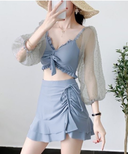 mmeeme ドットチュールリボンビーカラースイムウェア M me eme／Dot tulle ribbon bi-color swimwear (eme10342
