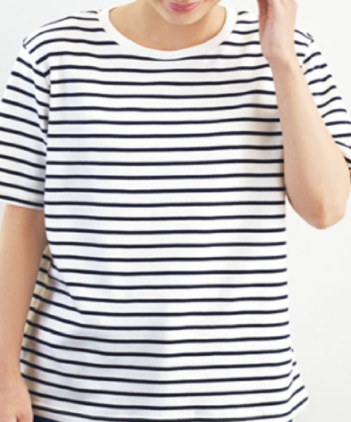 BELLUNA(ベルーナ)の「超長綿100%プルオーバー(Tシャツ/カットソー・レディース・ネイビー/ホワイト/ブラック/セージグリーン/コーラル/チェリーピンク/ネイビー×ホワイト/杢グレー/ローズ/ラベンダー/ホワイト×グリーン/ライム・MEDIUM/LARGE/X-LARGE)」の8枚目の写真