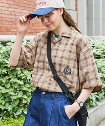 ヴィンテージライクオープンカラーエンブレム刺繍半袖シャツ