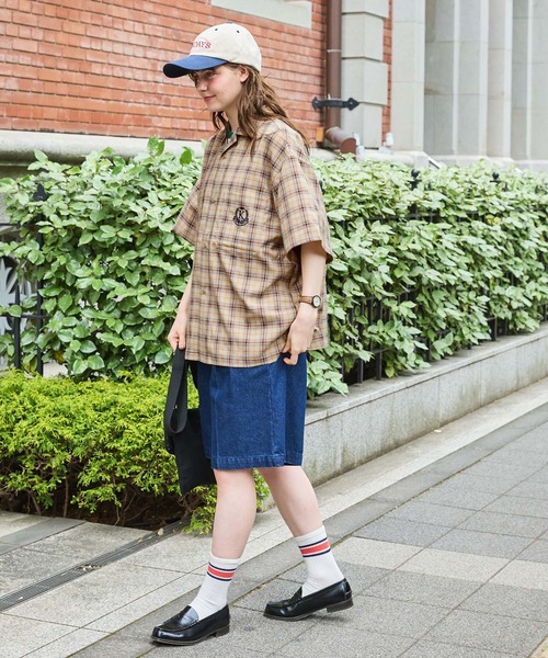 ヴィンテージライクオープンカラーエンブレム刺繍半袖シャツ