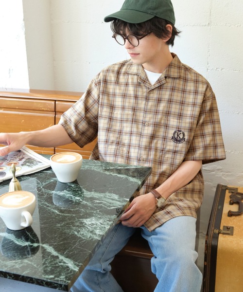 ヴィンテージライクオープンカラーエンブレム刺繍半袖シャツ MONO-MART