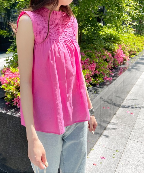 Meli rich（メリーリッチ）の「リネンタッチシャーリングノースリーブブラウス（シャツ/ブラウス・レディース・ネイビー/ホワイト/ライトブルー/ブラック/ピンク/イエロー/オレンジ/ミント・MEDIUM）」の7枚目の写真