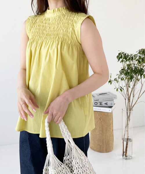 Meli rich（メリーリッチ）の「リネンタッチシャーリングノースリーブブラウス（シャツ/ブラウス・レディース・ネイビー/ホワイト/ライトブルー/ブラック/ピンク/イエロー/オレンジ/ミント・MEDIUM）」の6枚目の写真