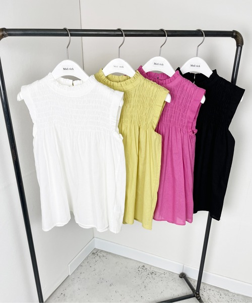 Meli rich（メリーリッチ）の「リネンタッチシャーリングノースリーブブラウス（シャツ/ブラウス・レディース・ネイビー/ホワイト/ライトブルー/ブラック/ピンク/イエロー/オレンジ/ミント・MEDIUM）」の10枚目の写真