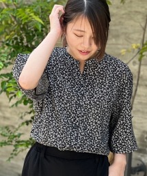 【LL~6L 大きいサイズ】【WEB・一部店舗限定】バンドカラー 前開き半袖 ブラウス 小花柄 & 無地
