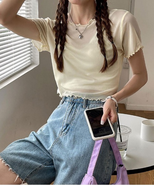 i-dare(アイディア)の「【i-dare】 シースルー シアー 半袖 トップス(Tシャツ/カットソー・レディース・ホワイト/ブラック/アイボリー/ピンク/パープル・FREE)」の3枚目の写真