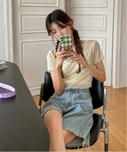 i-dare(アイディア)の「【i-dare】 シースルー シアー 半袖 トップス(Tシャツ/カットソー・レディース・ホワイト/ブラック/アイボリー/ピンク/パープル・FREE)」の16枚目の写真