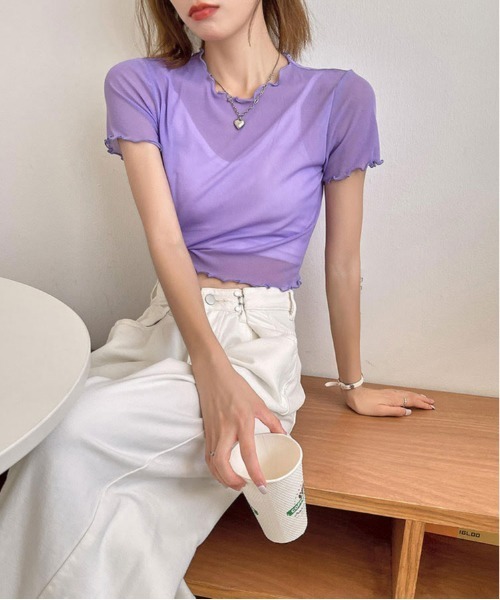 i-dare(アイディア)の「【i-dare】 シースルー シアー 半袖 トップス(Tシャツ/カットソー・レディース・ホワイト/ブラック/アイボリー/ピンク/パープル・FREE)」の15枚目の写真