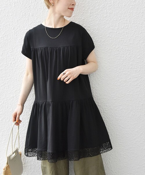 SHIPS any（シップス エニィ）の「SHIPS any:〈洗濯機可能〉ティアード レース チュニック Tシャツ（Tシャツ/カットソー・レディース・ブラック/ホワイト・ONE SIZE）」の2枚目の写真
