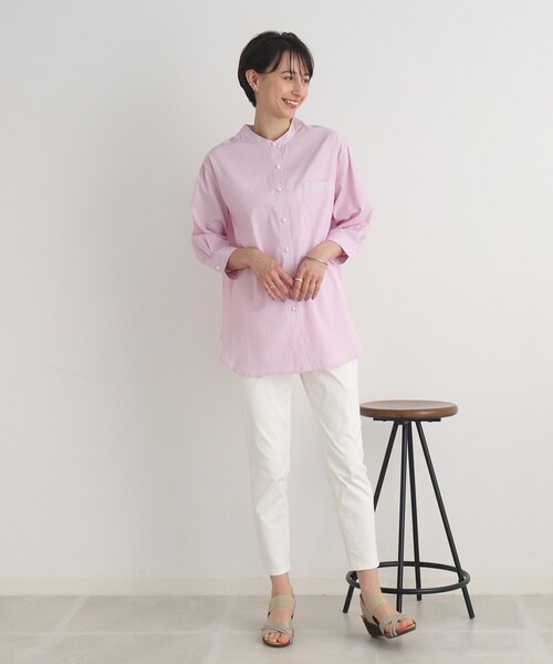 DRESKIP（ドレスキップ）の「◆パール調釦でレディに魅せる バンドカラー七分袖ブラウス（シャツ/ブラウス・レディース・オフホワイト/ブルー系2/ピンク系7・02/03）」の11枚目の写真