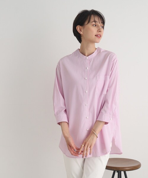 DRESKIP（ドレスキップ）の「◆パール調釦でレディに魅せる バンドカラー七分袖ブラウス（シャツ/ブラウス・レディース・オフホワイト/ブルー系2/ピンク系7・02/03）」の14枚目の写真