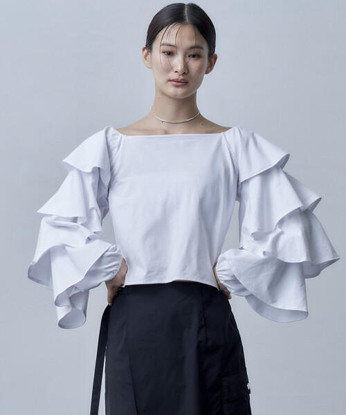 Firsthand（ファーストハンド）の「Firsthand/ファーストハンド オーガニックコットン天竺2WAYフリルスリーブカーディガン（カーディガン/ボレロ・レディース・ベージュ/ホワイト/ブラック・ﾌﾘ-）」の8枚目の写真