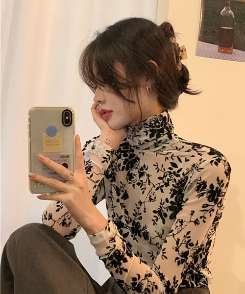 セール】花柄 ハイネック シアー プルオーバー レディース 長袖 透け感