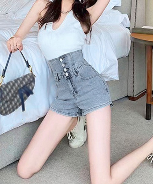 Miniministore(ミニミニストア)の「デニム ショートパンツ ハイウエスト美脚(デニムパンツ・レディース・チャコールグレー/サックスブルー/ブラック・L/S/XL/M)」の9枚目の写真