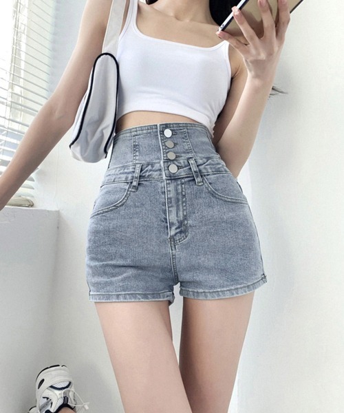 Miniministore(ミニミニストア)の「デニム ショートパンツ ハイウエスト美脚(デニムパンツ・レディース・チャコールグレー/サックスブルー/ブラック・L/S/XL/M)」の10枚目の写真