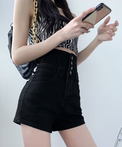 Miniministore(ミニミニストア)の「デニム ショートパンツ ハイウエスト美脚(デニムパンツ・レディース・チャコールグレー/サックスブルー/ブラック・L/S/XL/M)」の17枚目の写真