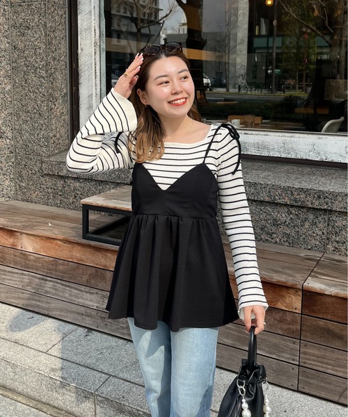 S64:新品❣️リボン キャミソール 単品 ブラック サイズ44 prose verse（プロズヴェール）の「【MOMO】肩リボンVネックペプラム