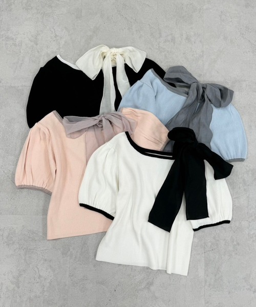 one after another NICE CLAUP(ワンアフターアナザーナイスクラップ)の「リボン取り外し可能/ワンショルリボントップス(ニット/セーター・レディース・オフホワイト/サックスブルー/ブラック/ピンク・FREE)」の5枚目の写真