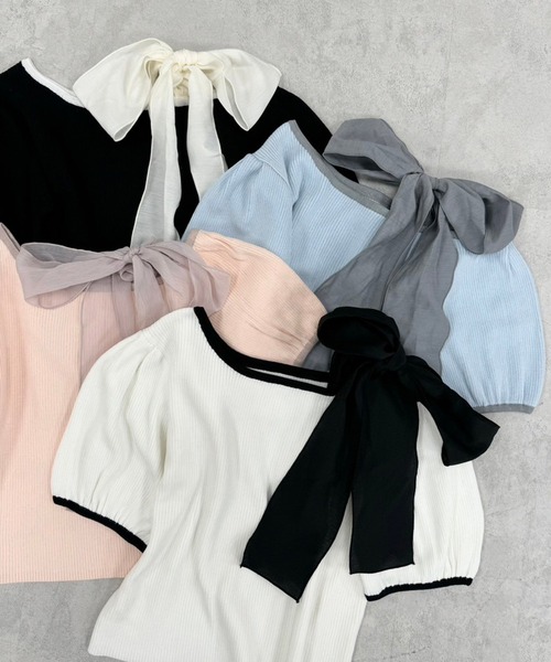 one after another NICE CLAUP(ワンアフターアナザーナイスクラップ)の「リボン取り外し可能/ワンショルリボントップス(ニット/セーター・レディース・オフホワイト/サックスブルー/ブラック/ピンク・FREE)」の6枚目の写真