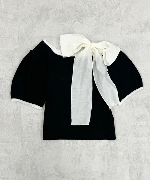 one after another NICE CLAUP(ワンアフターアナザーナイスクラップ)の「リボン取り外し可能/ワンショルリボントップス(ニット/セーター・レディース・オフホワイト/サックスブルー/ブラック/ピンク・FREE)」の18枚目の写真