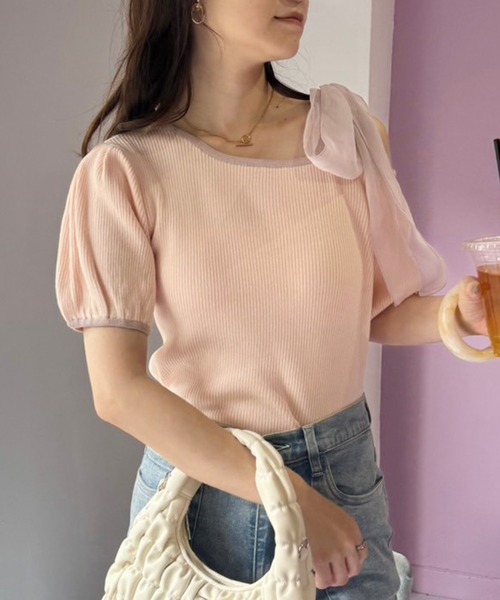 セール】リボン取り外し可能/ワンショルリボントップス（ニット