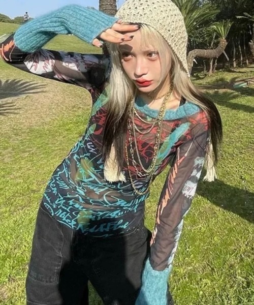 LADY LIKE(レディライク)の「リブ切替えカラフルシアートップス(Tシャツ/カットソー・レディース・ブルー・M)」の3枚目の写真