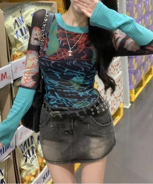 LADY LIKE(レディライク)の「リブ切替えカラフルシアートップス(Tシャツ/カットソー・レディース・ブルー・M)」の7枚目の写真