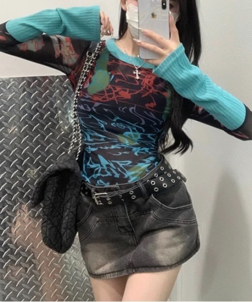 LADY LIKE(レディライク)の「リブ切替えカラフルシアートップス(Tシャツ/カットソー・レディース・ブルー・M)」の2枚目の写真