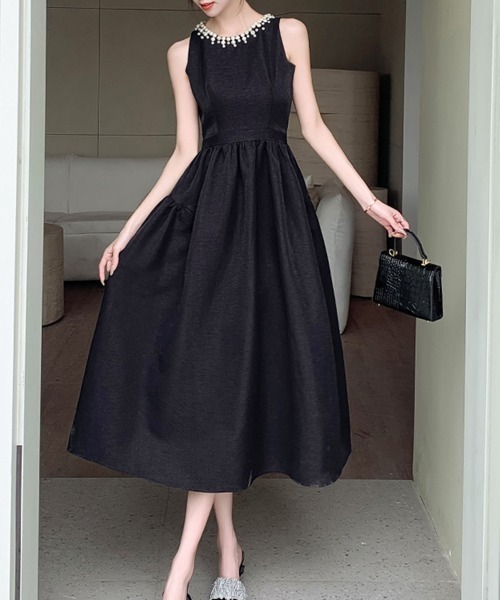 セール】パール付きウエストマークドレスワンピース（ドレス