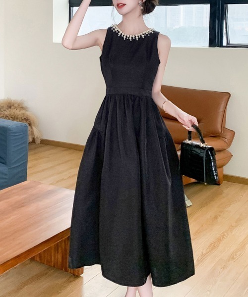 セール】パール付きウエストマークドレスワンピース（ドレス