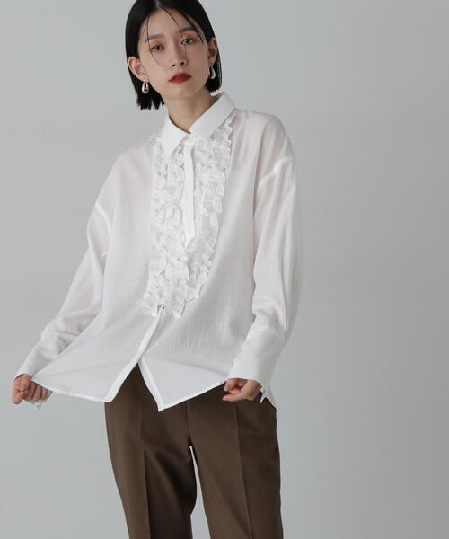 N.（N. Natural Beauty Basic）（エヌエヌナチュラルビューティーベーシック）の「◆フリルフロントシアーシャツ（シャツ/ブラウス・レディース・イエロー/オフホワイト・MEDIUM）」の9枚目の写真