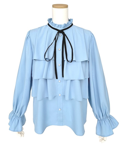 RUIRUE BOUTIQUE(ルイルエブティック)の「洗える | バイカラーリボンティアードフリルブラウス | 長袖 パフスリーブ 二の腕カバー スタンドカラー ティアード リボン パールボタン トップス ブラウス(シャツ/ブラウス・レディース・ライトブルー/オフホワイト/ネイビー・S/M/L/LL)」の12枚目の写真