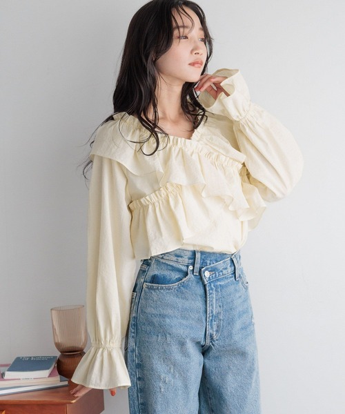 LOWRYS FARM（ローリーズファーム）の「フリルクロスギャザーブラウスＬＳ 116620（シャツ/ブラウス・レディース・レッド/ブラック/アイボリー・FREE）」の7枚目の写真