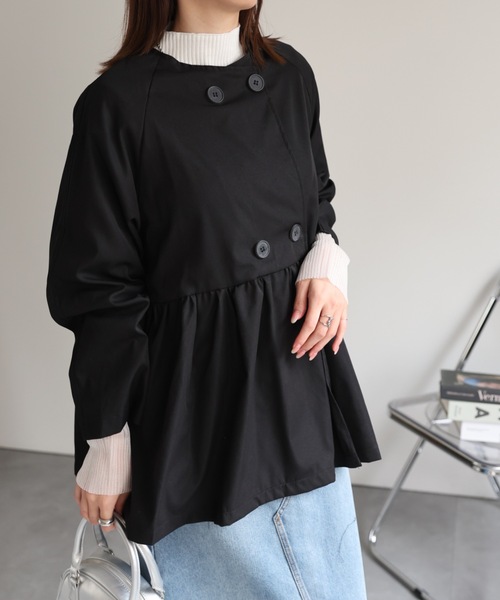 sakishimatokyo(サキシマトーキョー)の「ウエスト切り替え ノーカラートレンチ風ブルゾン(トレンチコート・レディース・ベージュ/ブラック・FREE)」の7枚目の写真
