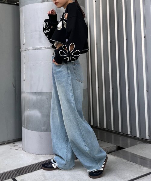 HELLO.SANFRANCISCO（ハローサンフランシスコ）の「【HELLO.SANFRANCISCO】フラワーカットアウトクロップドスウェット（Tシャツ/カットソー・レディース・グリーン/グレー/イエロー/ブラック・ONE SIZE）」の19枚目の写真