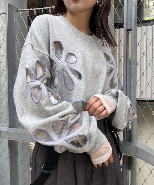 HELLO.SANFRANCISCO（ハローサンフランシスコ）の「【HELLO.SANFRANCISCO】フラワーカットアウトクロップドスウェット（Tシャツ/カットソー・レディース・グリーン/グレー/イエロー/ブラック・ONE SIZE）」の20枚目の写真