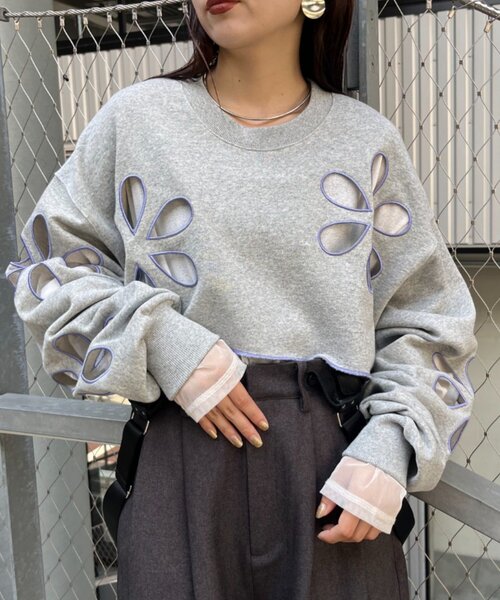 HELLO.SANFRANCISCO（ハローサンフランシスコ）の「【HELLO.SANFRANCISCO】フラワーカットアウトクロップドスウェット（Tシャツ/カットソー・レディース・グリーン/グレー/イエロー/ブラック・ONE SIZE）」の21枚目の写真